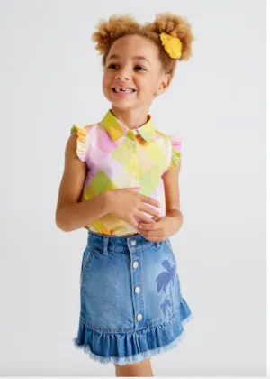 Mayoral Girls Denim Ruffled Palm Tree Skirt