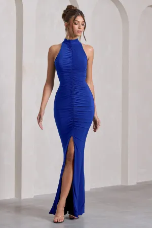 Memorable | Cobalt Blue Ruched High-Neck Split Fishtail Maxi Dress