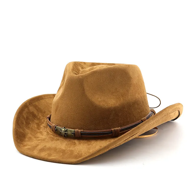 Men Women's Retro Yellowstone Suede Warped Western Cowboy Hat Rolled Brim Ethnic Style Felt Hat