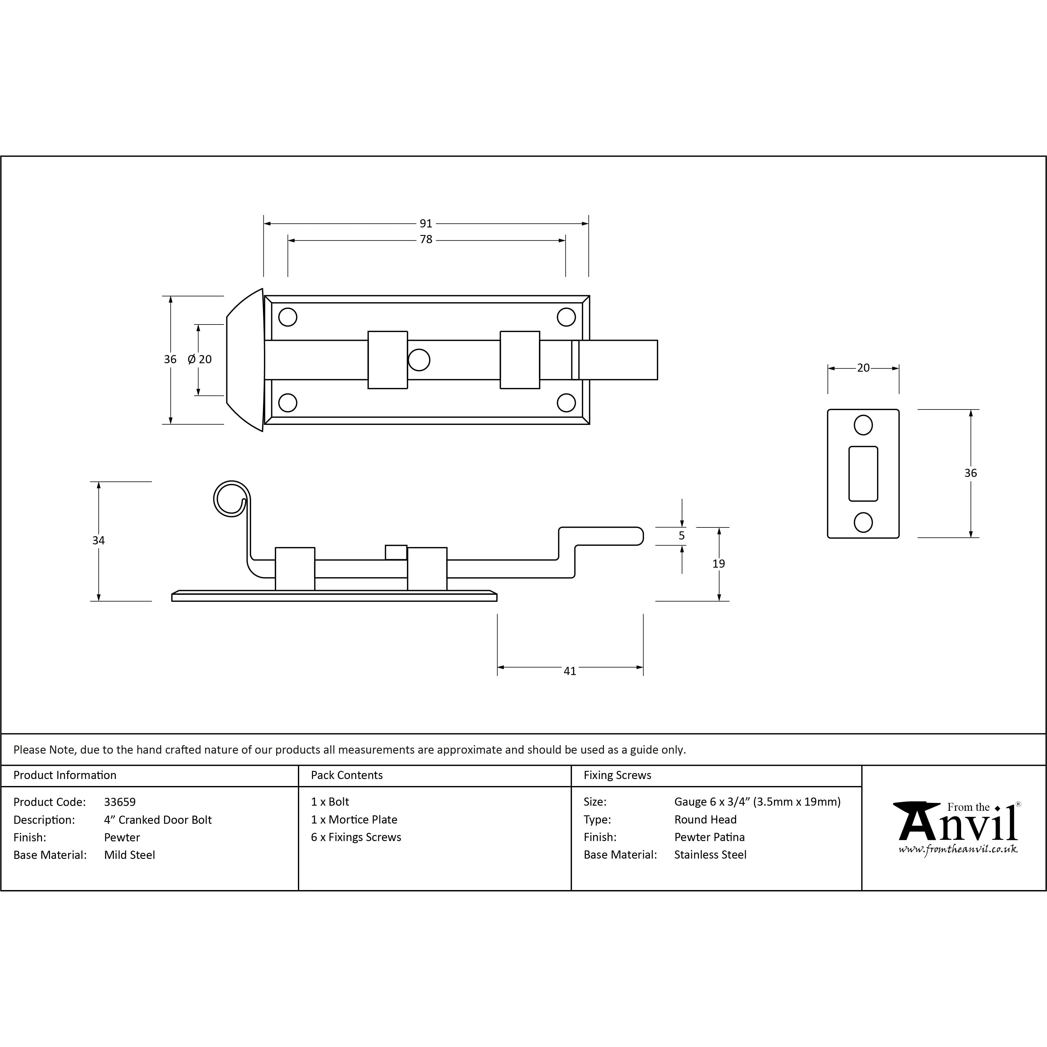 Pewter 4" Cranked Door Bolt | From The Anvil