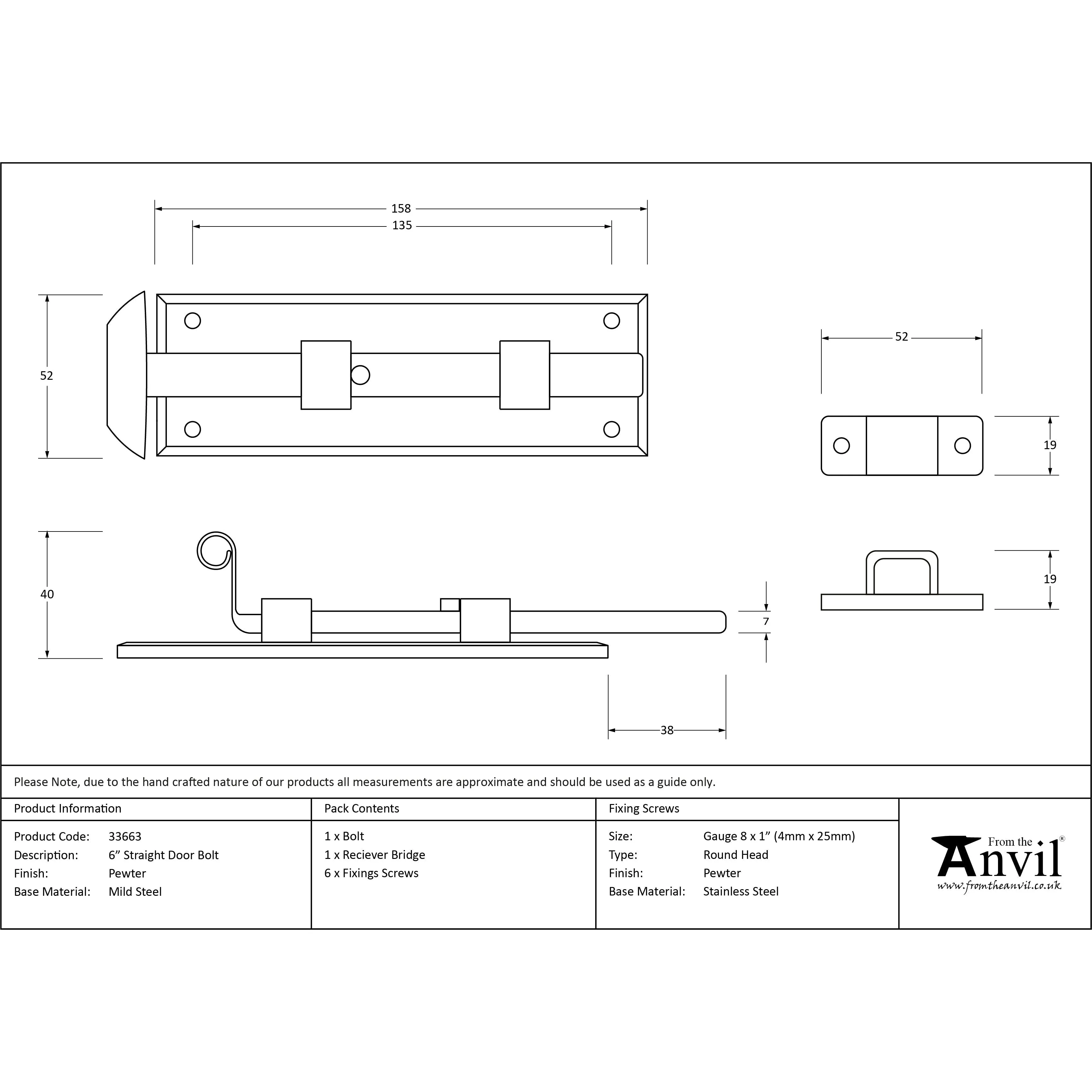 Pewter 6" Straight Door Bolt | From The Anvil