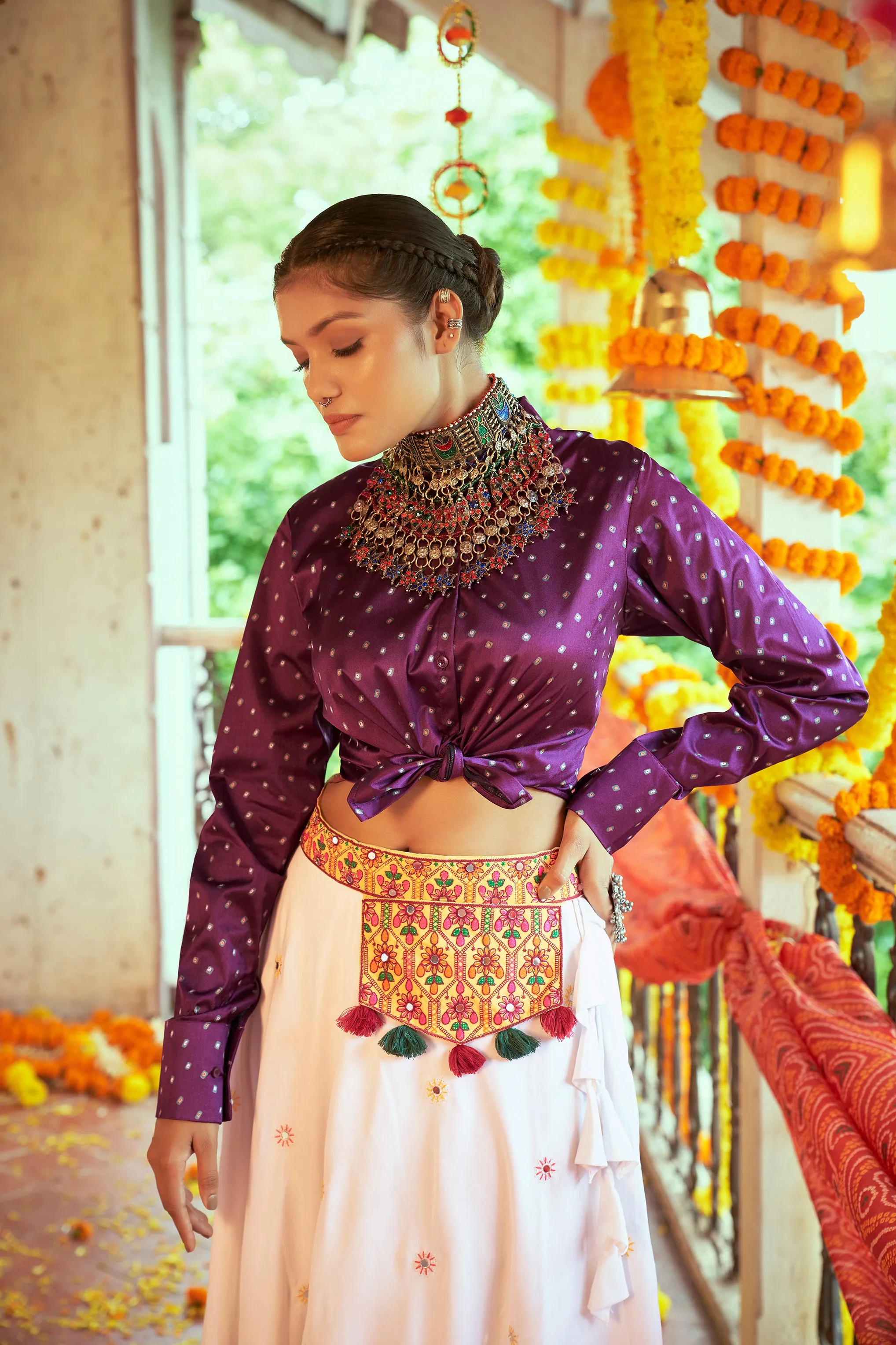 Purple With White Color Navratri Special Ready To Wear Croptop Lehenga