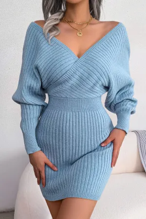 Sexy Winter Wrap V Neck Rib Knit Sweater Mini Dress - Blue