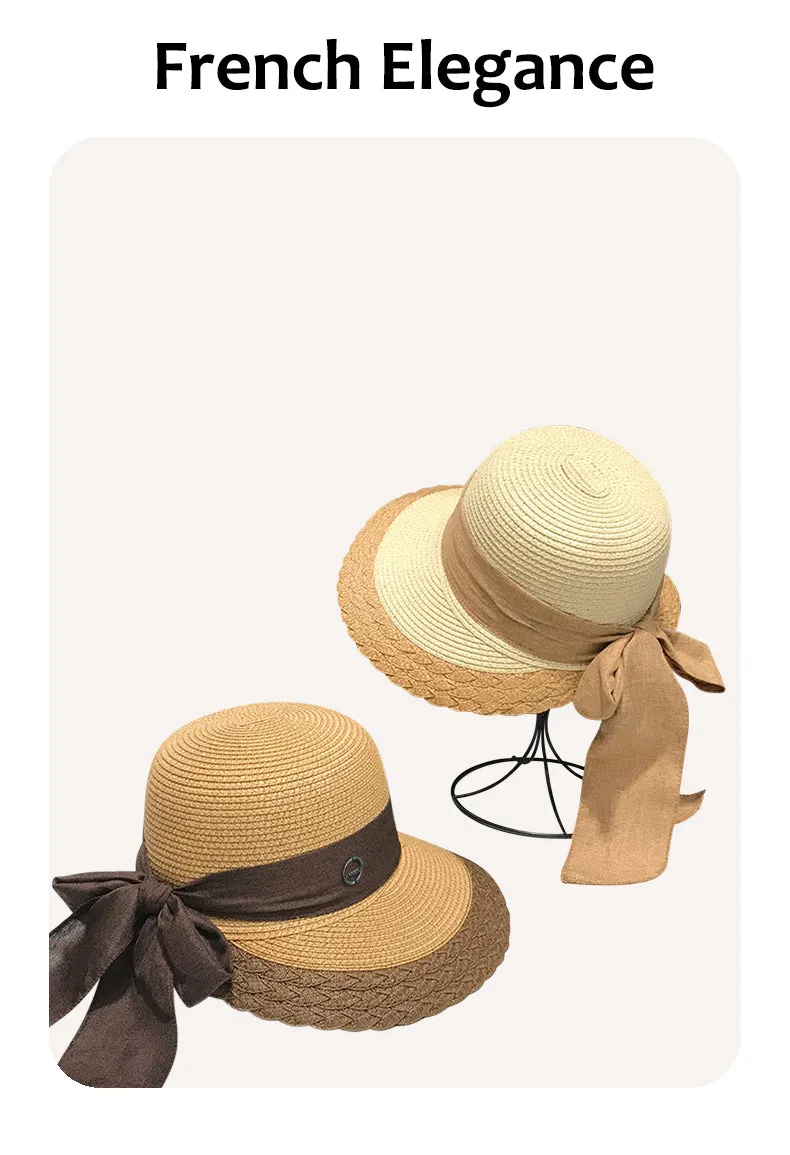 Sidiou Group ANNIOU Vacation French Style Bow Straw Hats Summer Sunscreen Large Brim Women Hat Riding Seaside Travel Foldable Sun Hat