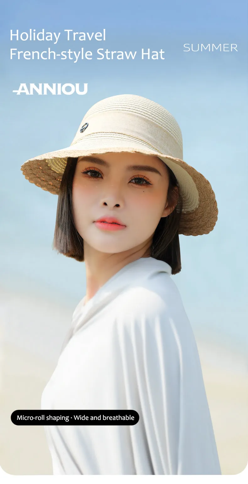 Sidiou Group ANNIOU Vacation French Style Bow Straw Hats Summer Sunscreen Large Brim Women Hat Riding Seaside Travel Foldable Sun Hat