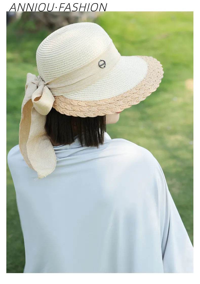 Sidiou Group ANNIOU Vacation French Style Bow Straw Hats Summer Sunscreen Large Brim Women Hat Riding Seaside Travel Foldable Sun Hat