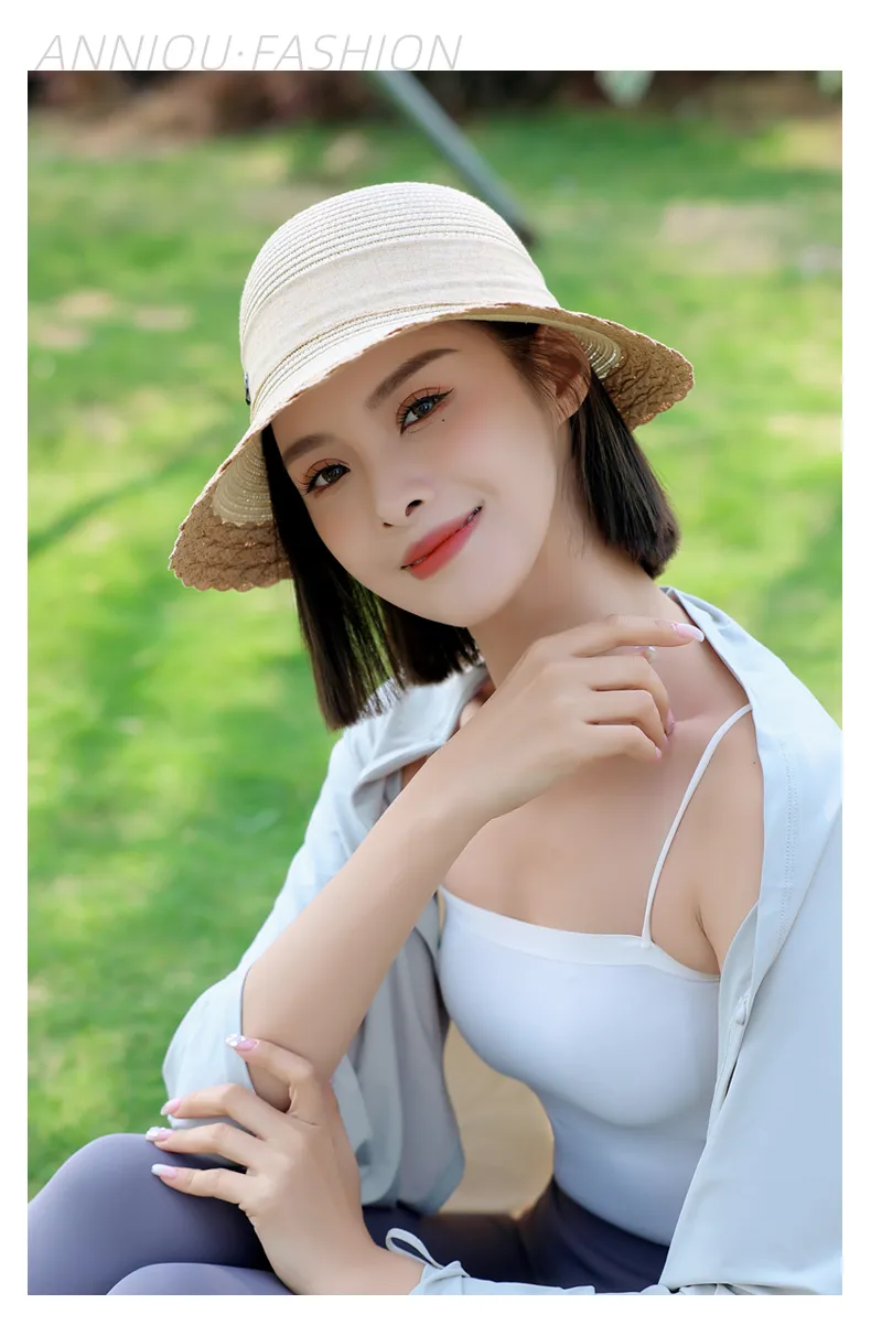 Sidiou Group ANNIOU Vacation French Style Bow Straw Hats Summer Sunscreen Large Brim Women Hat Riding Seaside Travel Foldable Sun Hat