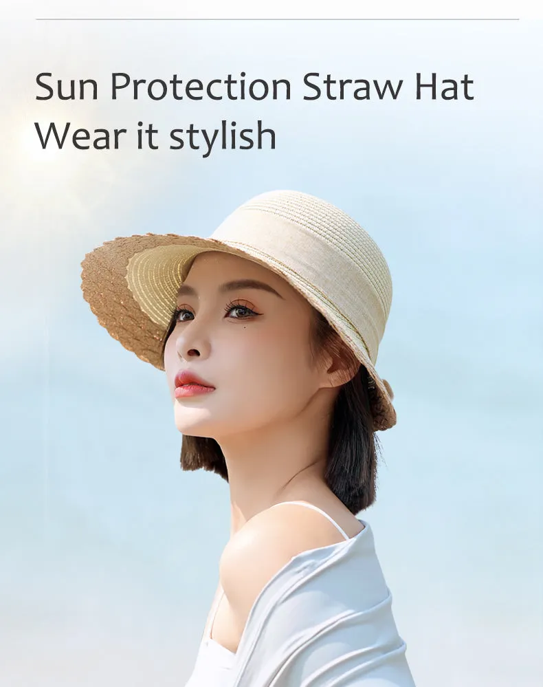 Sidiou Group ANNIOU Vacation French Style Bow Straw Hats Summer Sunscreen Large Brim Women Hat Riding Seaside Travel Foldable Sun Hat