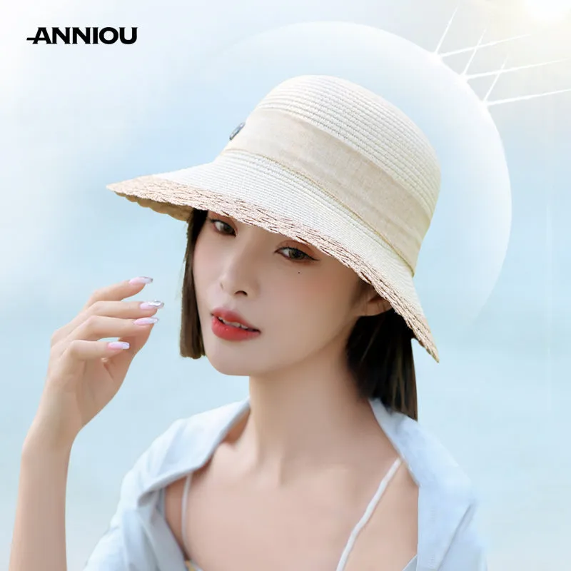 Sidiou Group ANNIOU Vacation French Style Bow Straw Hats Summer Sunscreen Large Brim Women Hat Riding Seaside Travel Foldable Sun Hat