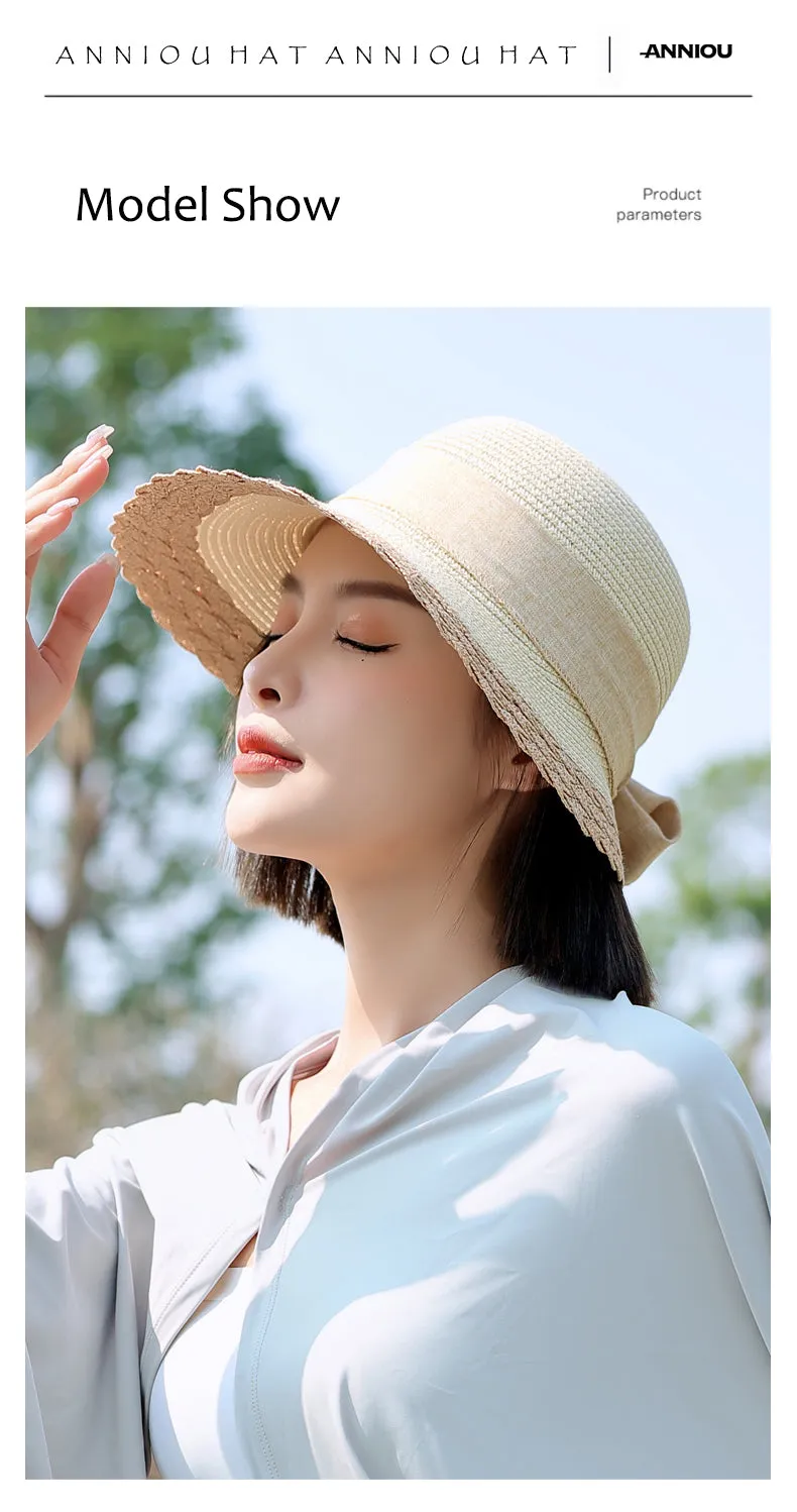 Sidiou Group ANNIOU Vacation French Style Bow Straw Hats Summer Sunscreen Large Brim Women Hat Riding Seaside Travel Foldable Sun Hat