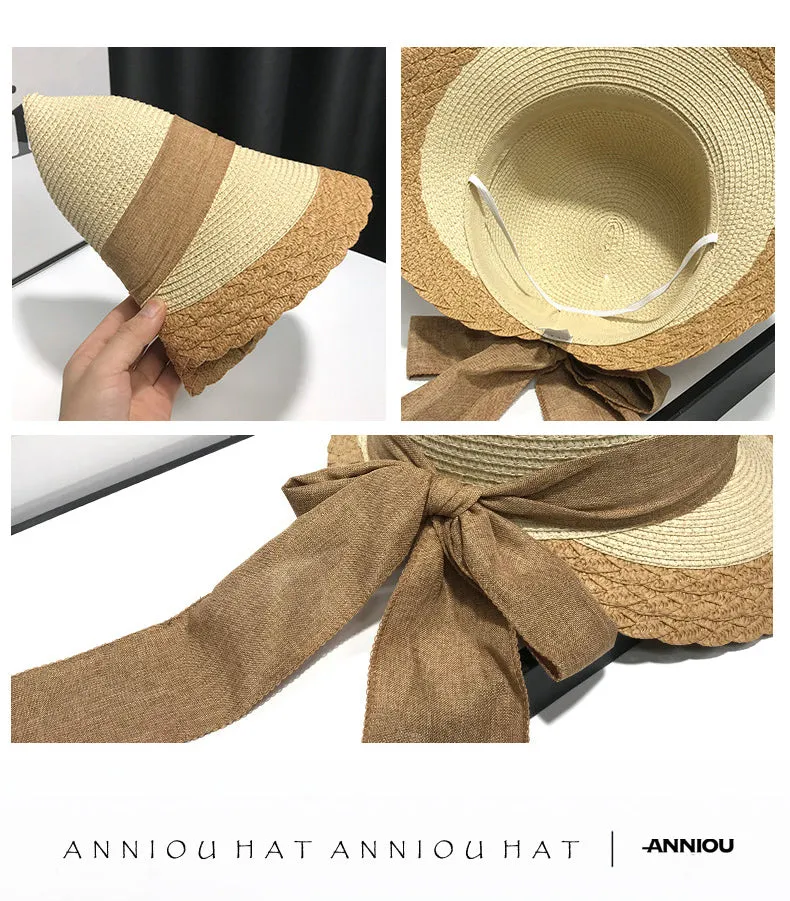 Sidiou Group ANNIOU Vacation French Style Bow Straw Hats Summer Sunscreen Large Brim Women Hat Riding Seaside Travel Foldable Sun Hat