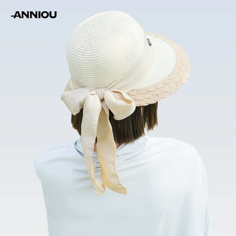 Sidiou Group ANNIOU Vacation French Style Bow Straw Hats Summer Sunscreen Large Brim Women Hat Riding Seaside Travel Foldable Sun Hat