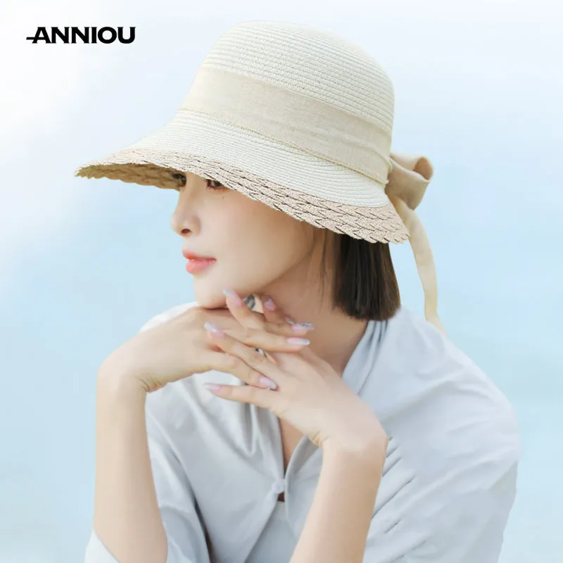 Sidiou Group ANNIOU Vacation French Style Bow Straw Hats Summer Sunscreen Large Brim Women Hat Riding Seaside Travel Foldable Sun Hat