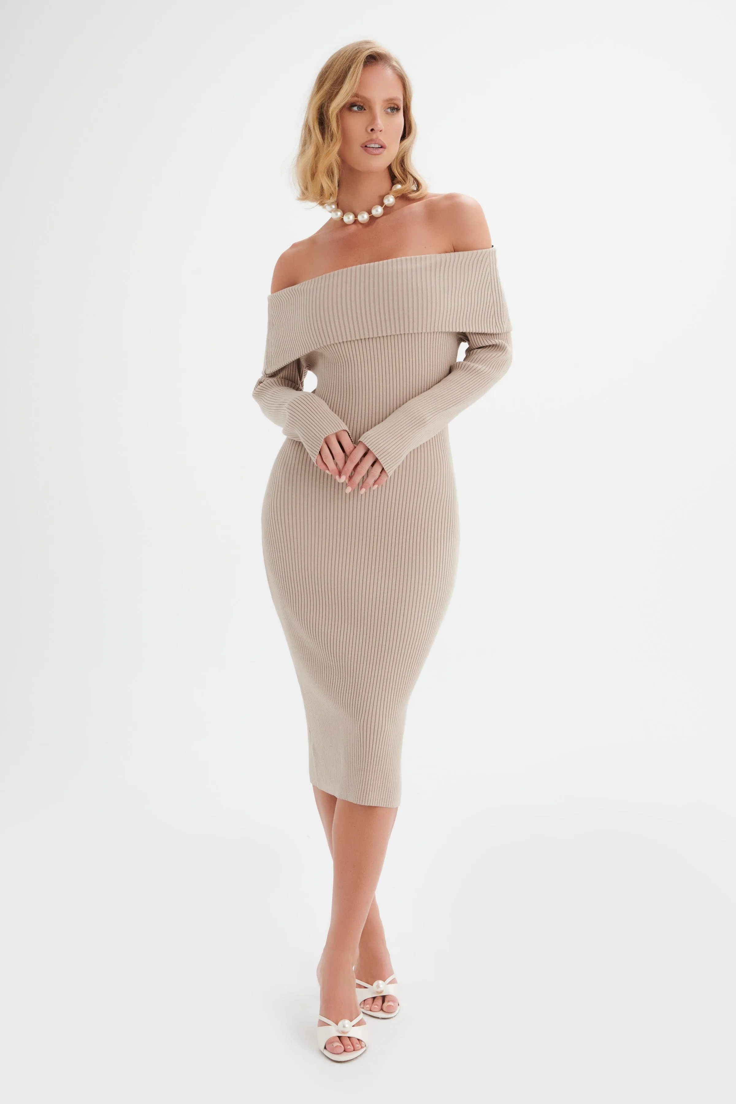 SUNDAY Knitted Rib Bardot Midi Dress In Beige