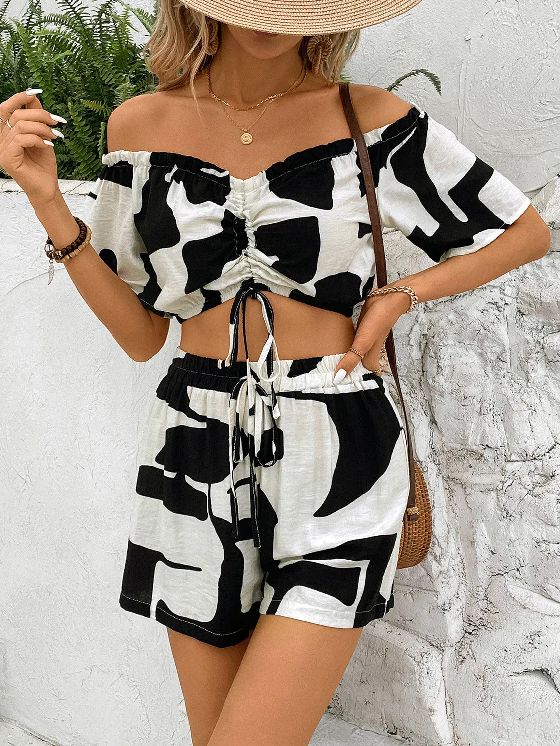 TEEK - Black Apricot Drawstring Off-Shoulder Top Shorts Set