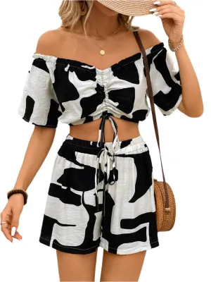 TEEK - Black Apricot Drawstring Off-Shoulder Top Shorts Set