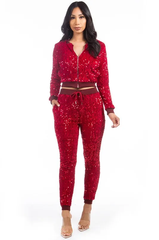 TEEK - RED SEQUIN TWO PIECE PANT SET