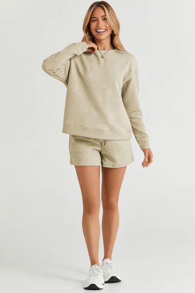 TEEK - Texture Long Sleeve Top and Drawstring Shorts Set