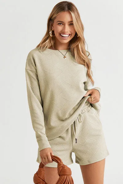 TEEK - Texture Long Sleeve Top and Drawstring Shorts Set