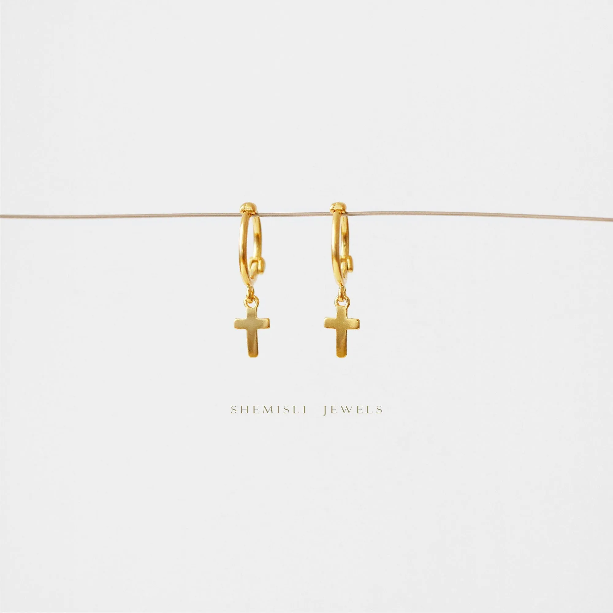 Tiny Cross Dangle Hoop Earrings, Unisex, Gold, Silver SHEMISLI SH178