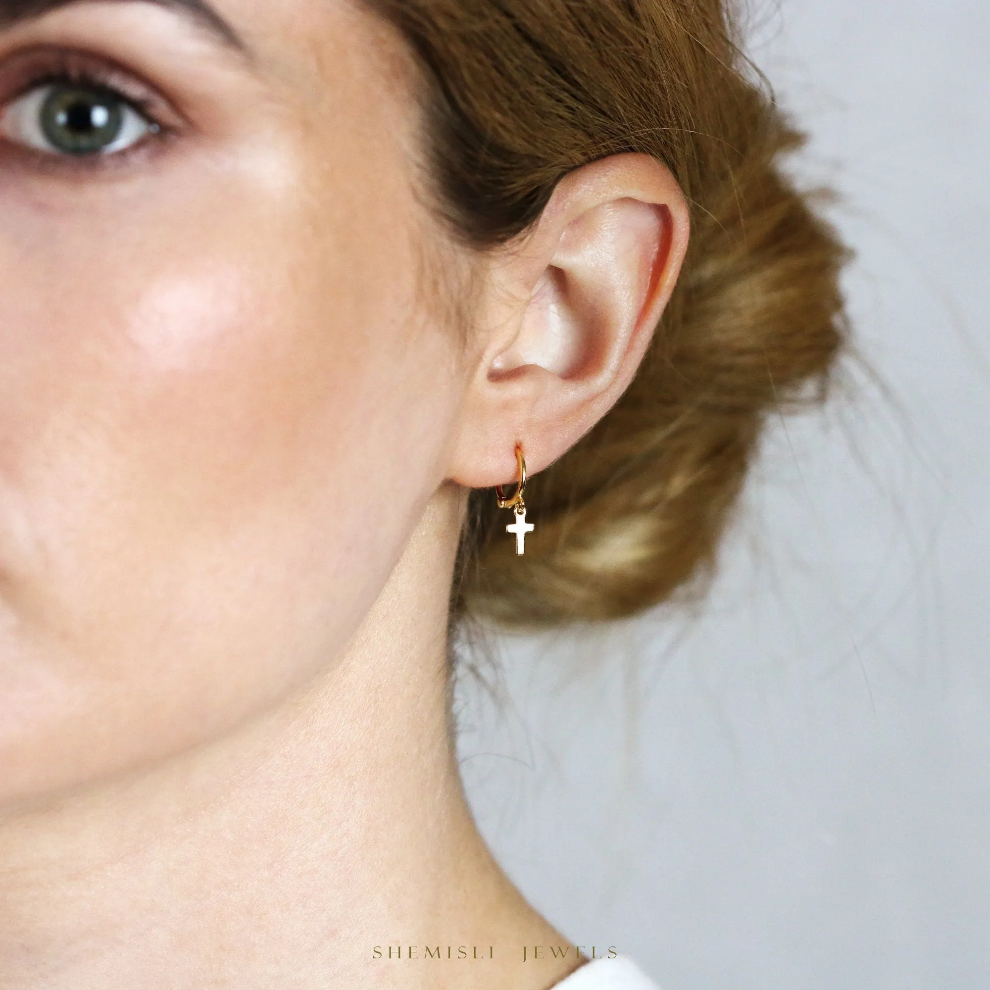 Tiny Cross Dangle Hoop Earrings, Unisex, Gold, Silver SHEMISLI SH178