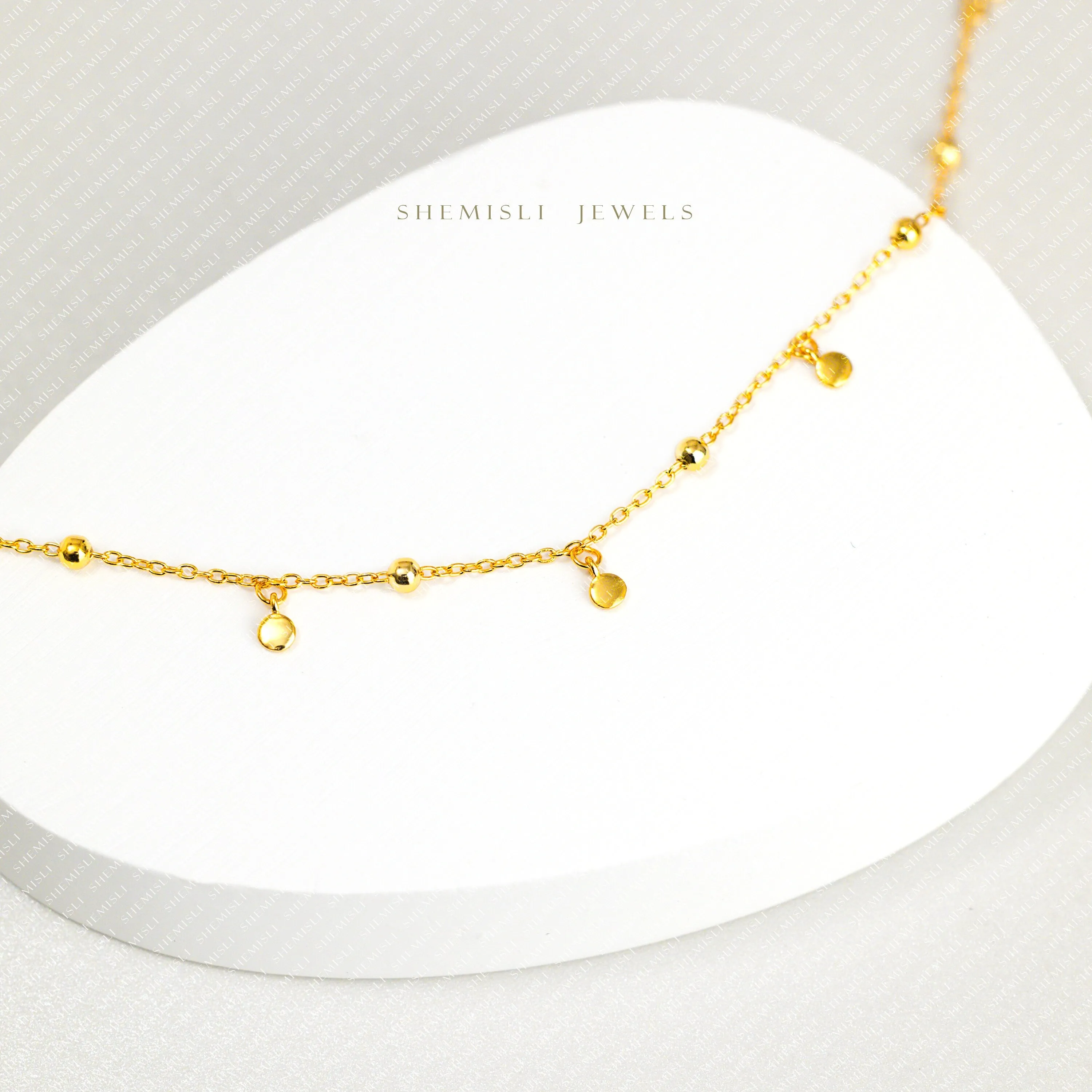 Tiny Disc on Beaded Chain Choker Necklace, Unisex, Gold, Silver  (14" 2"=16") SHEMISLI - SN033