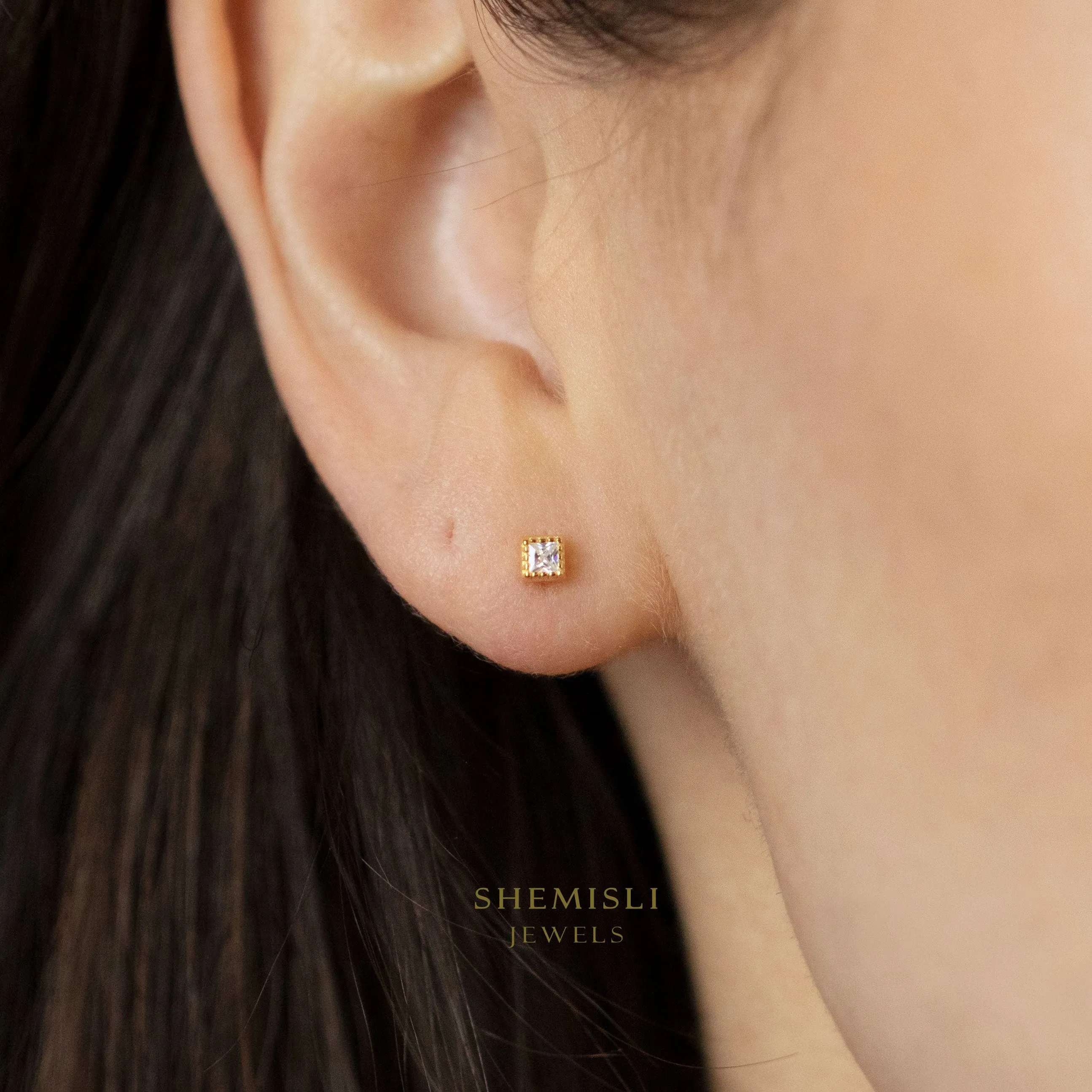 Tiny Square CZ Stud, Cube Earrings, White, Emerald, Turquoise, Sapphire, Black, Unisex, Gold, Silver SS240, SS022, SS241, SS242, SS243