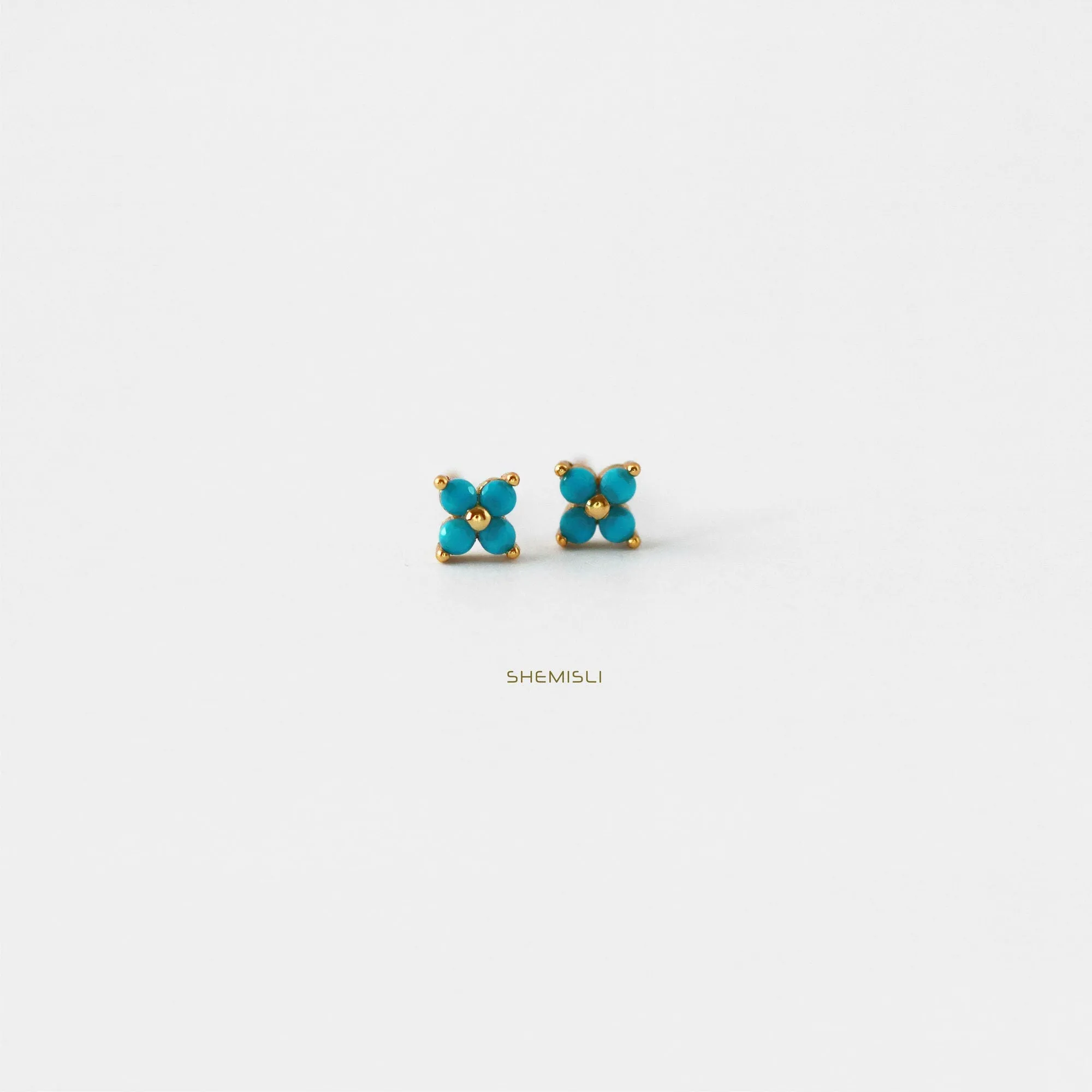 Tiny Turquoise Clover Flower Stud, Unisex, Gold, Silver SHEMISLI SS080