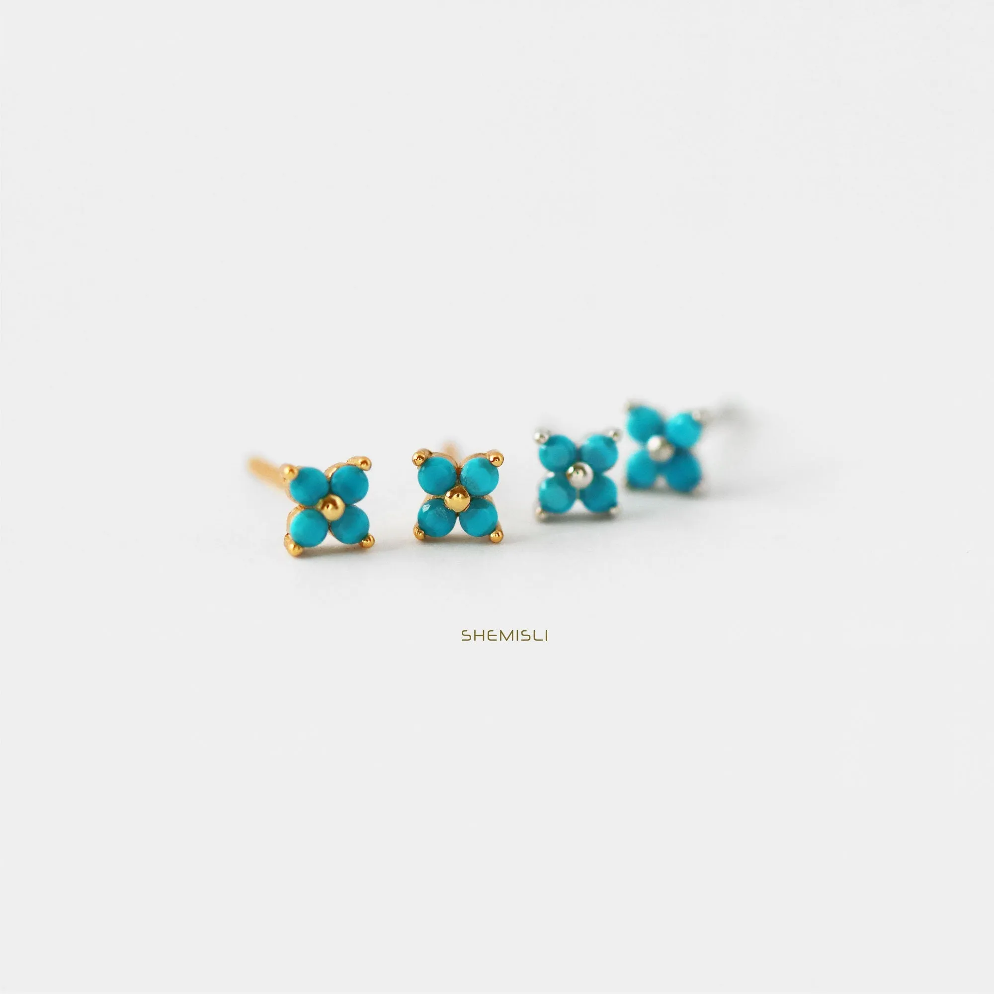 Tiny Turquoise Clover Flower Stud, Unisex, Gold, Silver SHEMISLI SS080