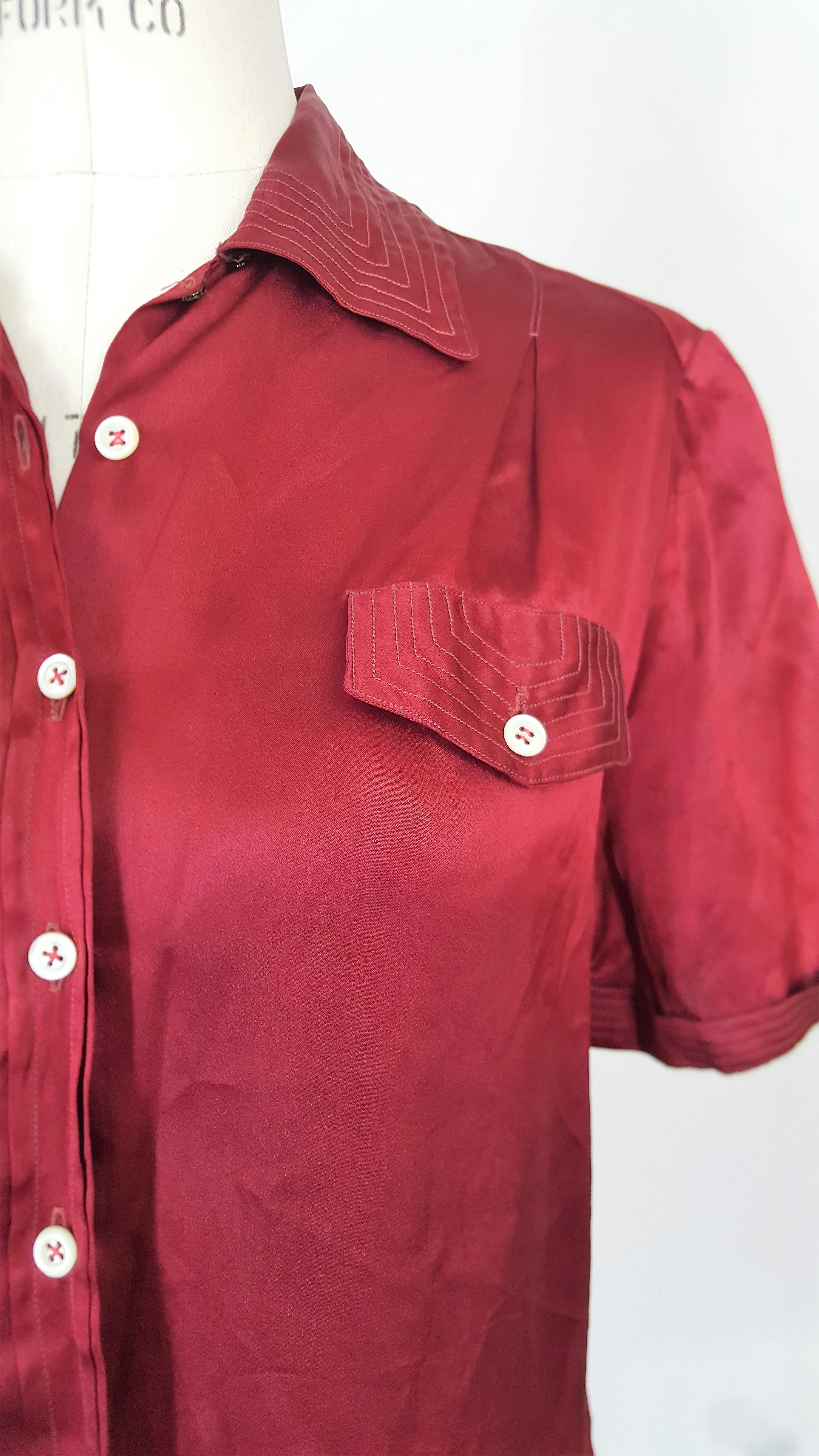 Vintage 1940s Dark Red Satin Blouse