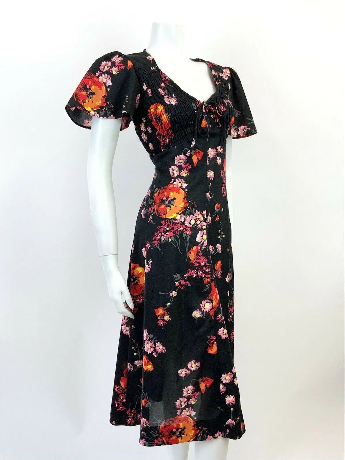 VINTAGE 60s 70s BLACK PINK ORANGE FLORAL BELL SLEEVE SUMMER FLARED DRESS 12 14