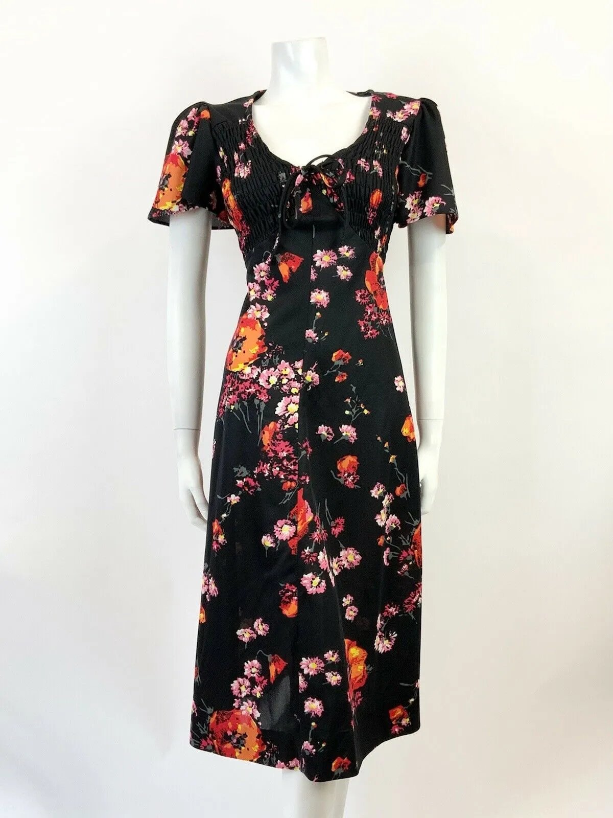 VINTAGE 60s 70s BLACK PINK ORANGE FLORAL BELL SLEEVE SUMMER FLARED DRESS 12 14