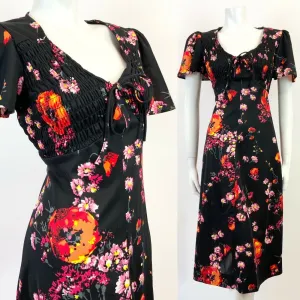 VINTAGE 60s 70s BLACK PINK ORANGE FLORAL BELL SLEEVE SUMMER FLARED DRESS 12 14