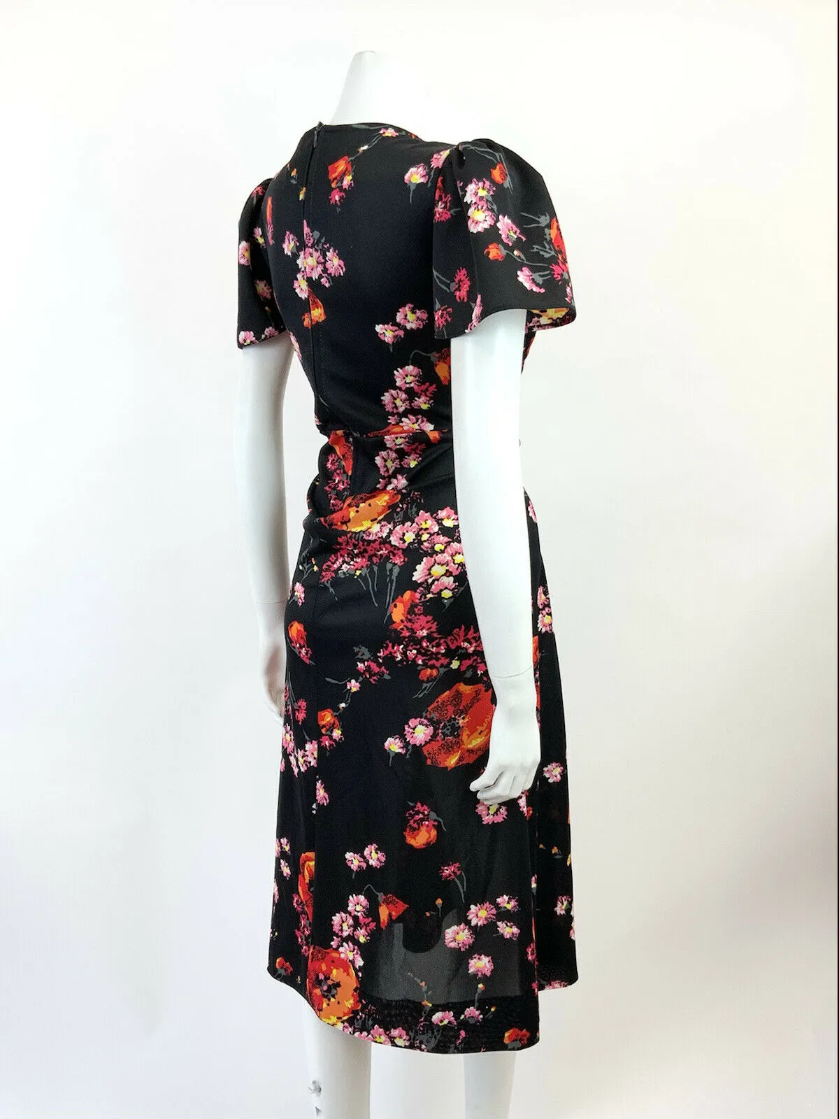 VINTAGE 60s 70s BLACK PINK ORANGE FLORAL BELL SLEEVE SUMMER FLARED DRESS 12 14