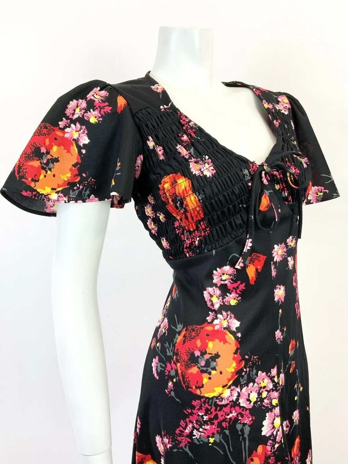 VINTAGE 60s 70s BLACK PINK ORANGE FLORAL BELL SLEEVE SUMMER FLARED DRESS 12 14