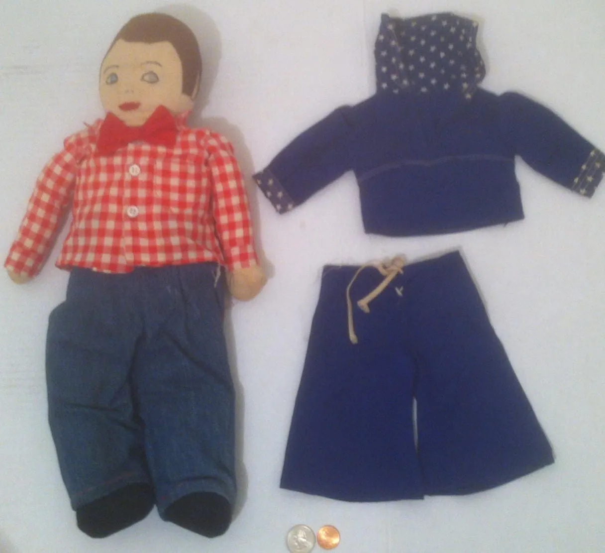 Vintage Hand Made Old Doll, Boy with Red Bow Tie, Country Look, Extra Set of Clothes, Sailor Suit, Navy, Checkered Shirt, Old Time Doll