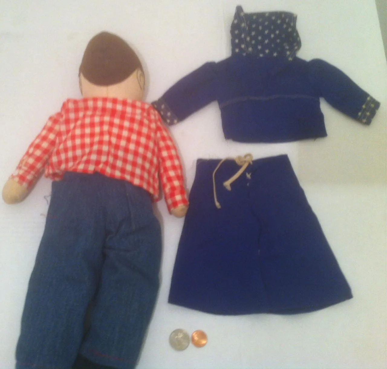 Vintage Hand Made Old Doll, Boy with Red Bow Tie, Country Look, Extra Set of Clothes, Sailor Suit, Navy, Checkered Shirt, Old Time Doll