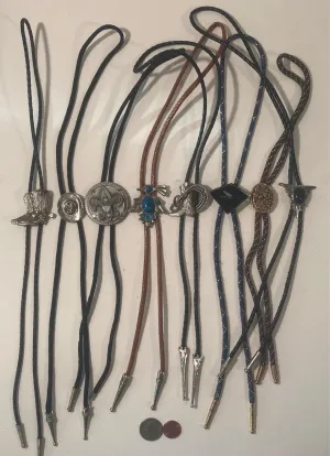 Vintage Lot of  Metal Bolo Ties, Cowboy Hat, Cowboy Boots, Fly Fishing, Black Onyx, More, Nice Designs, Quality, Heavy Duty