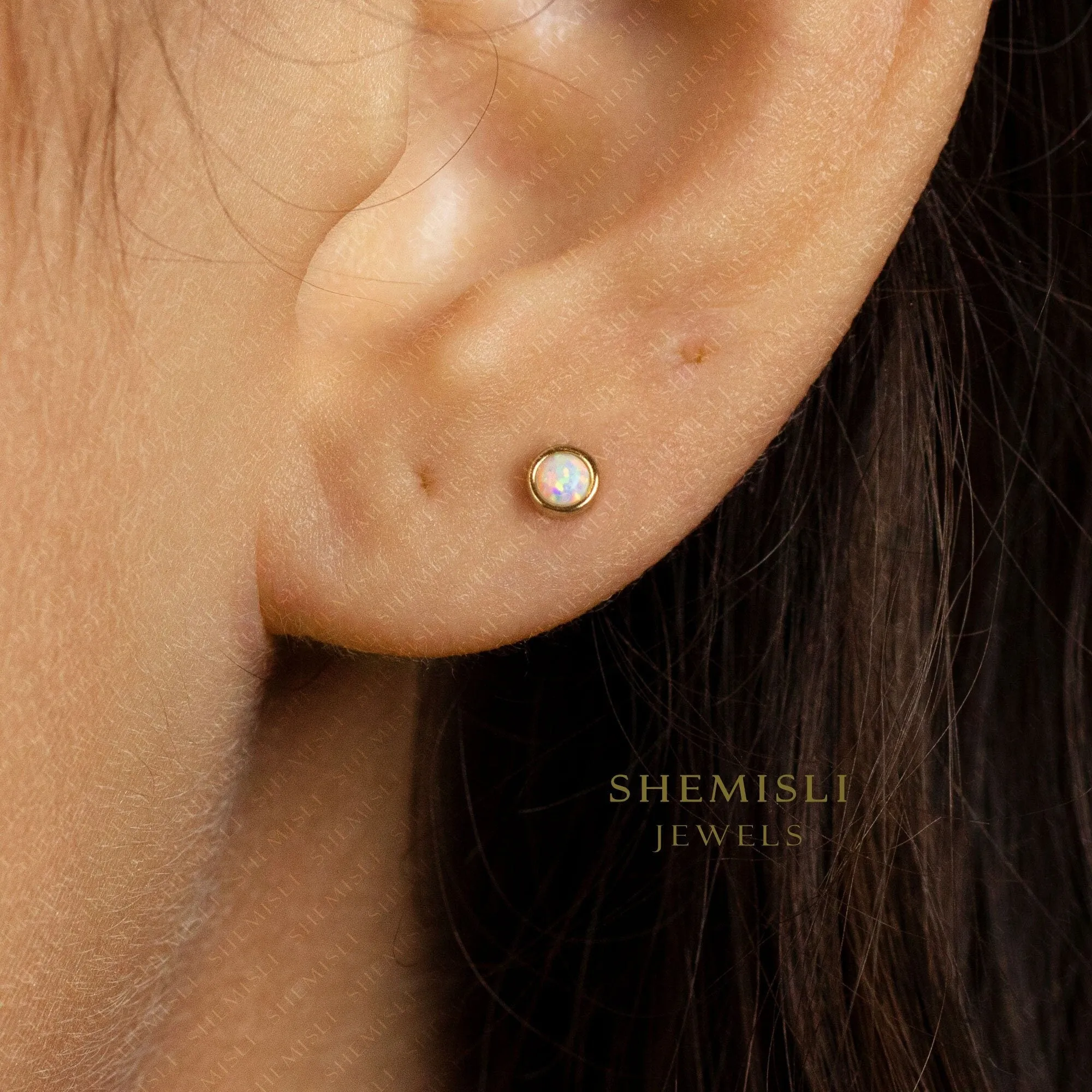 White Opal Bezel Stud Earrings, Gold Earrings, Unisex, Gold, Silver SHEMISLI - SS098