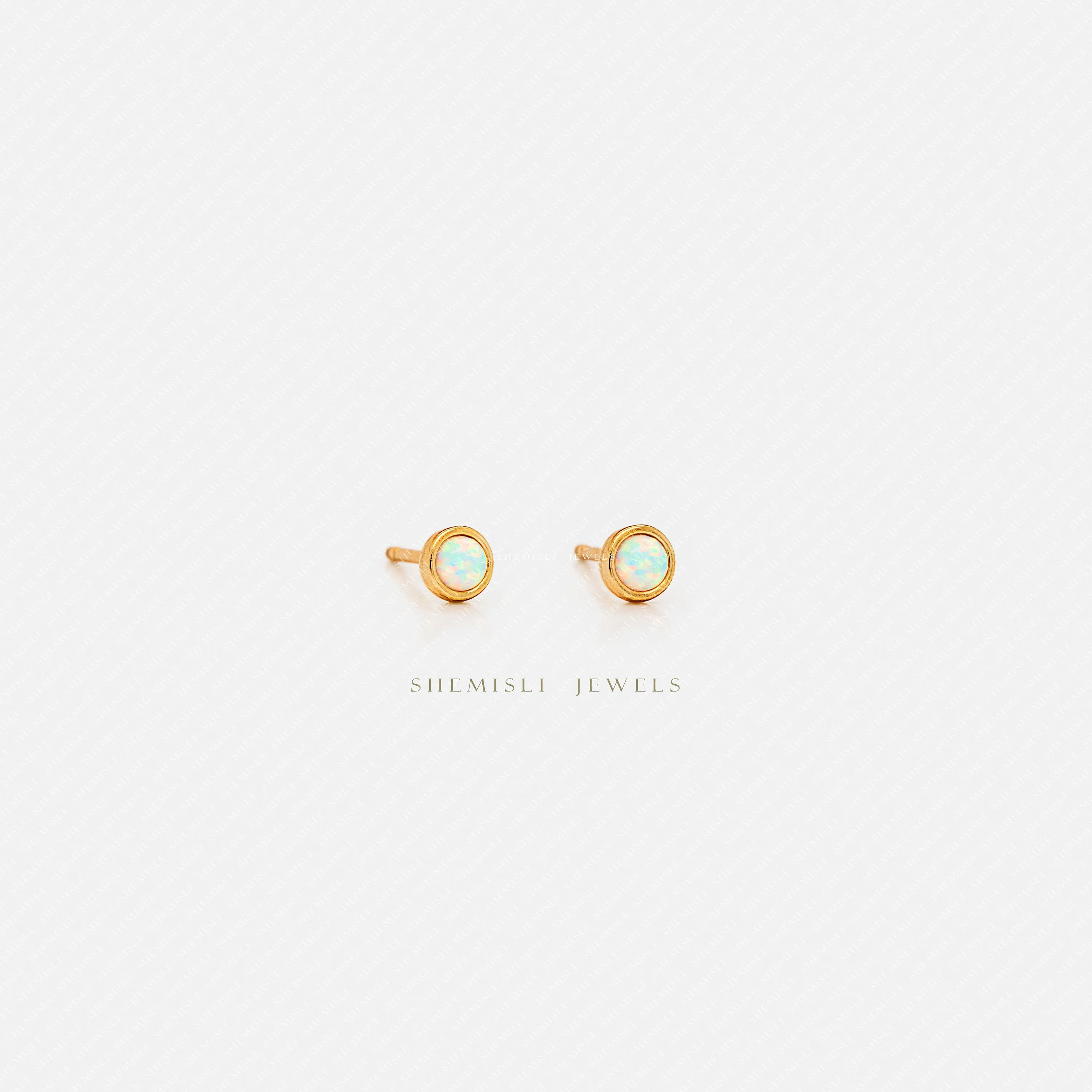 White Opal Bezel Stud Earrings, Gold Earrings, Unisex, Gold, Silver SHEMISLI - SS098