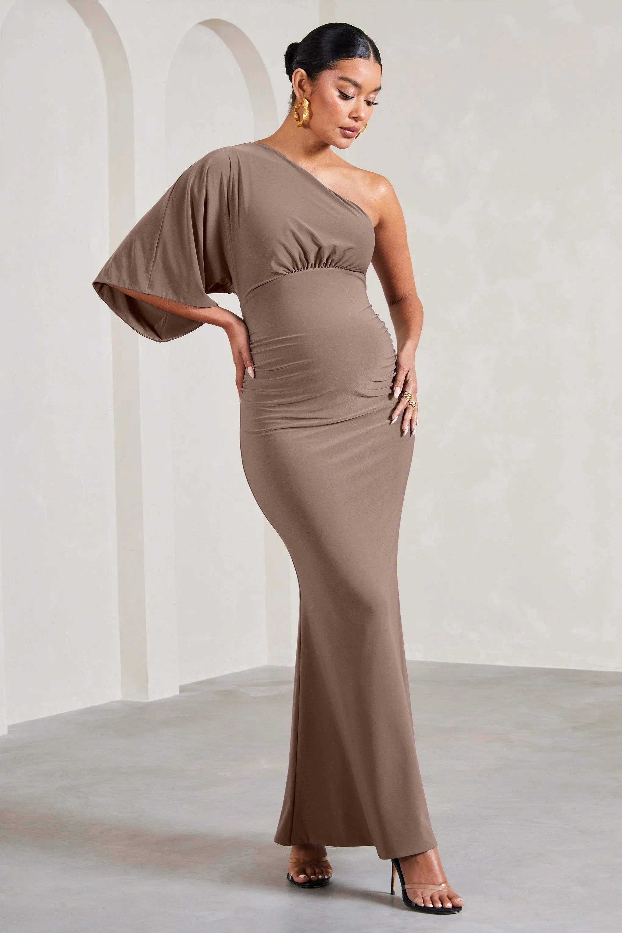 Wisdom | Mocha Ruched Asymmetric One-Shoulder Maternity Maxi Dress