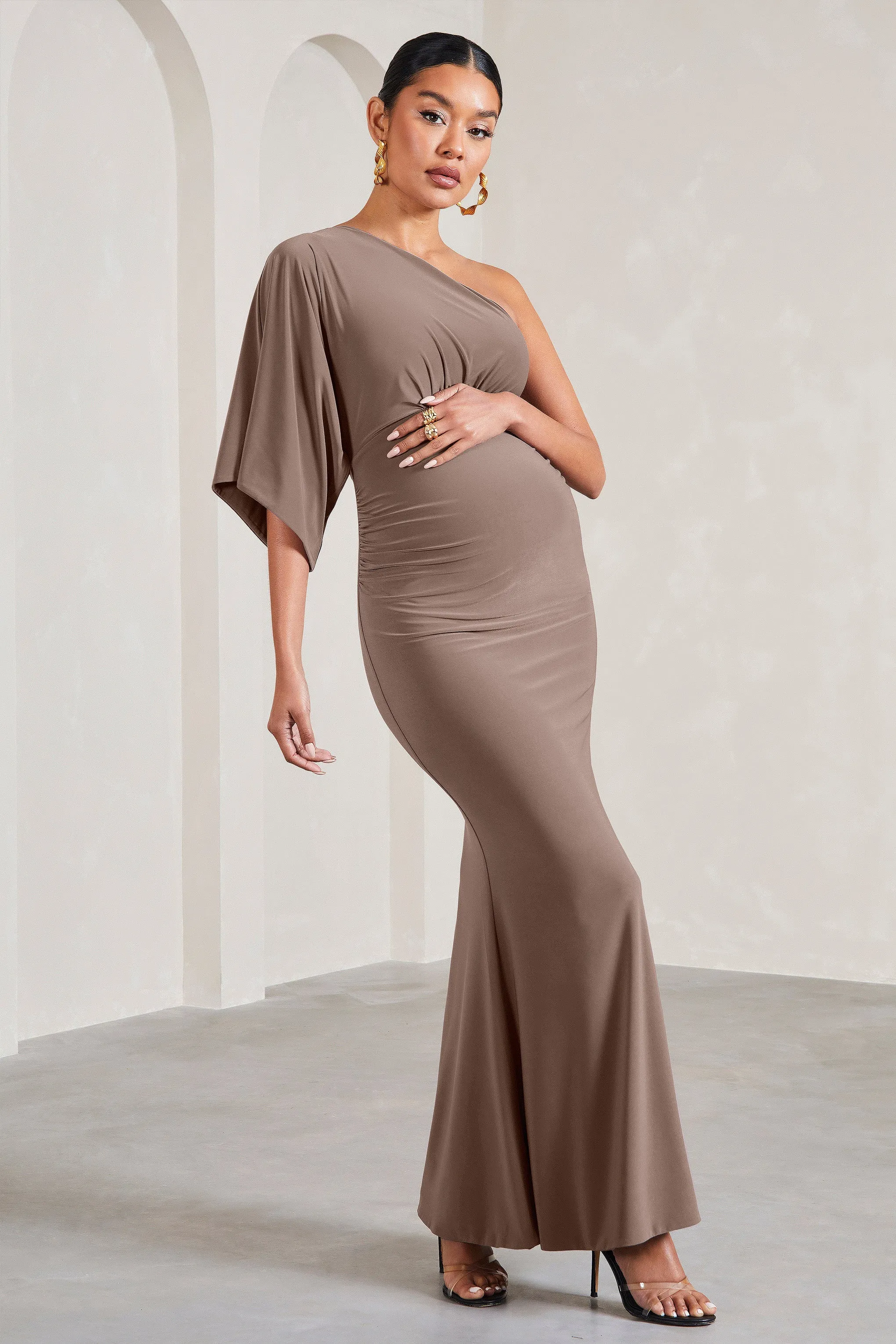 Wisdom | Mocha Ruched Asymmetric One-Shoulder Maternity Maxi Dress